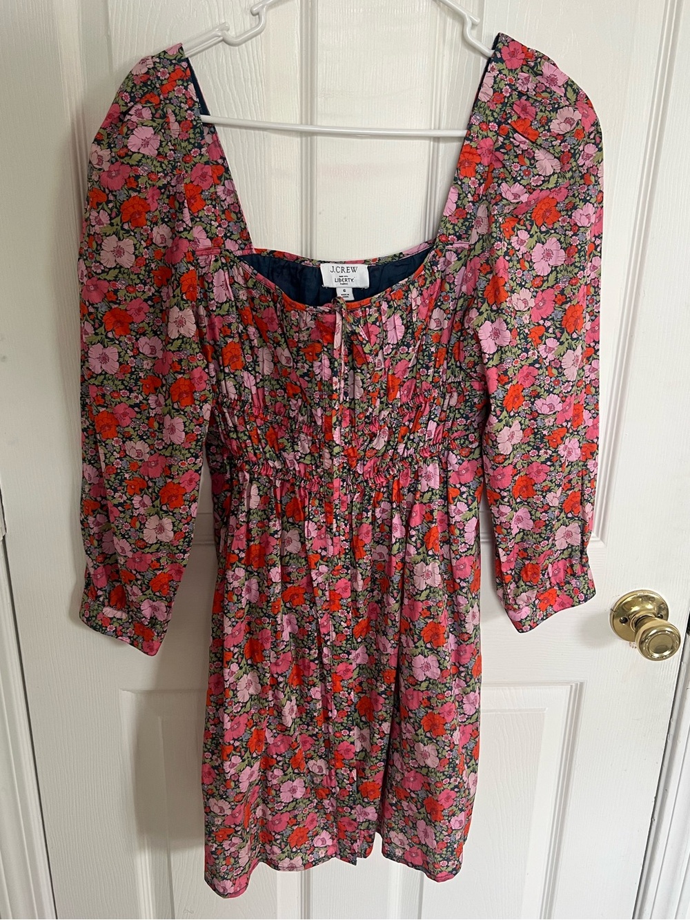 J. Crew Liberty Pink and Red Floral Smocked Midi Dress with Puff Sleeves